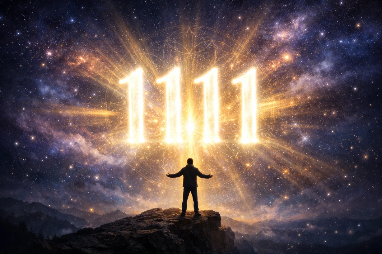 Leuchtende 1111 im Sternenhimmel, Person steht staunend auf einem Berg unter kosmischem Licht.