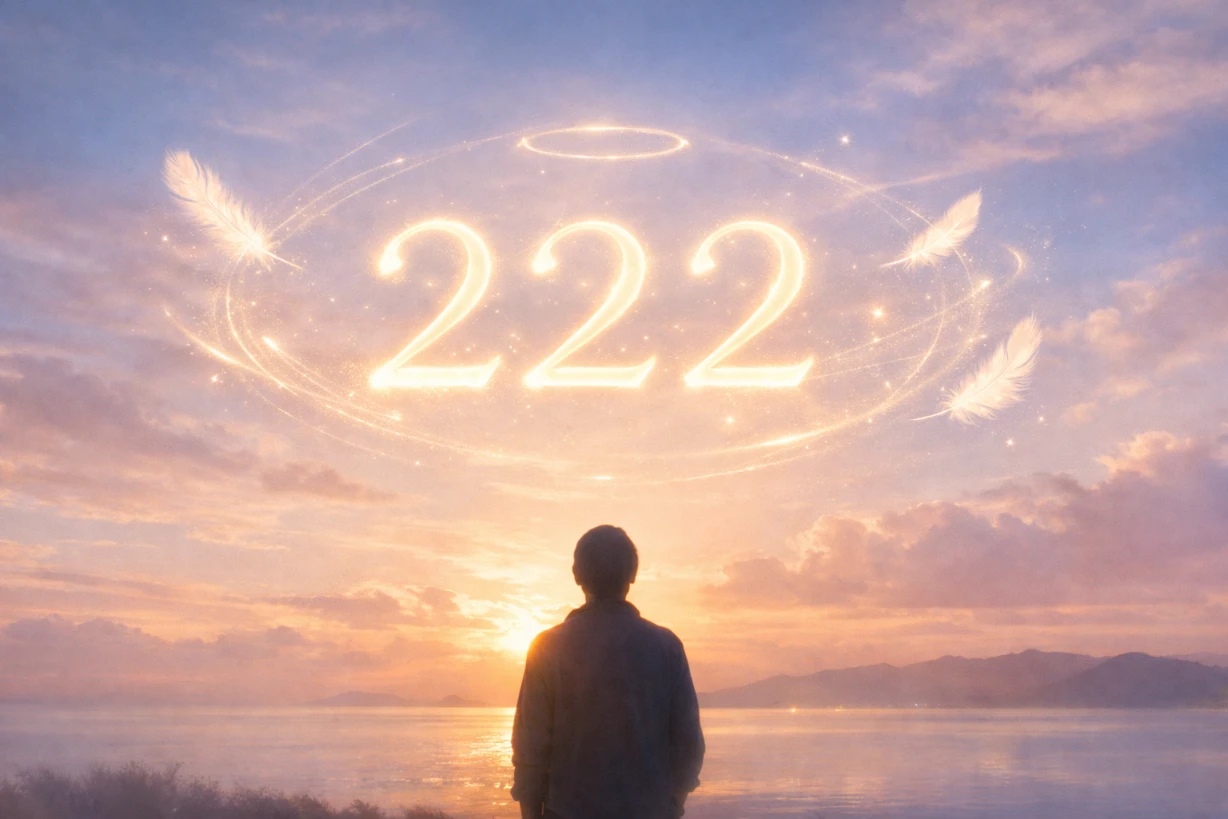 Leuchtende Engelszahl 222 am Himmel bei Sonnenaufgang, Person blickt ruhig in Landschaft im Licht.