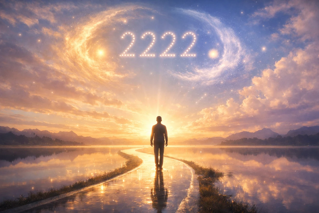 Person steht auf leuchtendem Weg unter 2222 am goldenen Himmel voller Harmonie.