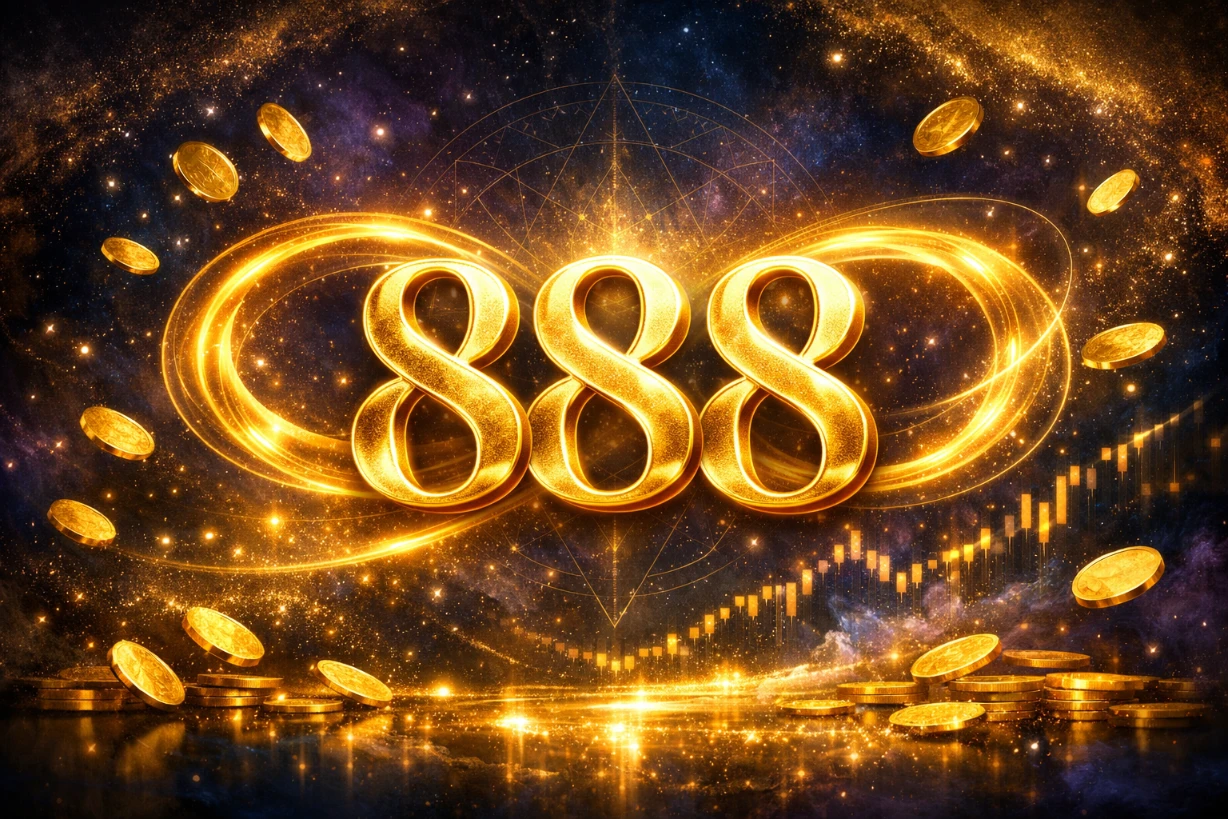 Goldene 888 mit Münzen, Aufwärtstrend und kosmischem Hintergrund voller Licht und Energie.
