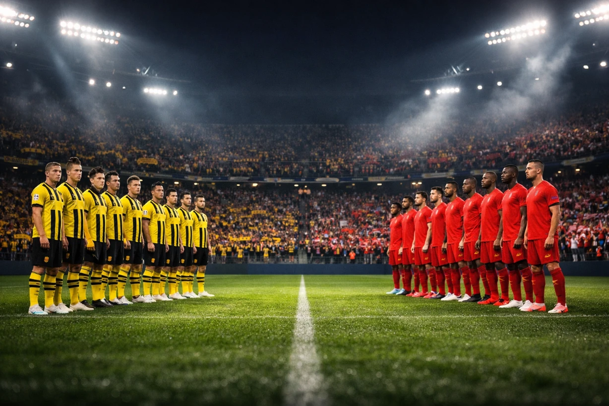 Borussia Dortmund und Lille stehen vor Anpfiff im hell erleuchteten Stadion Spalier.