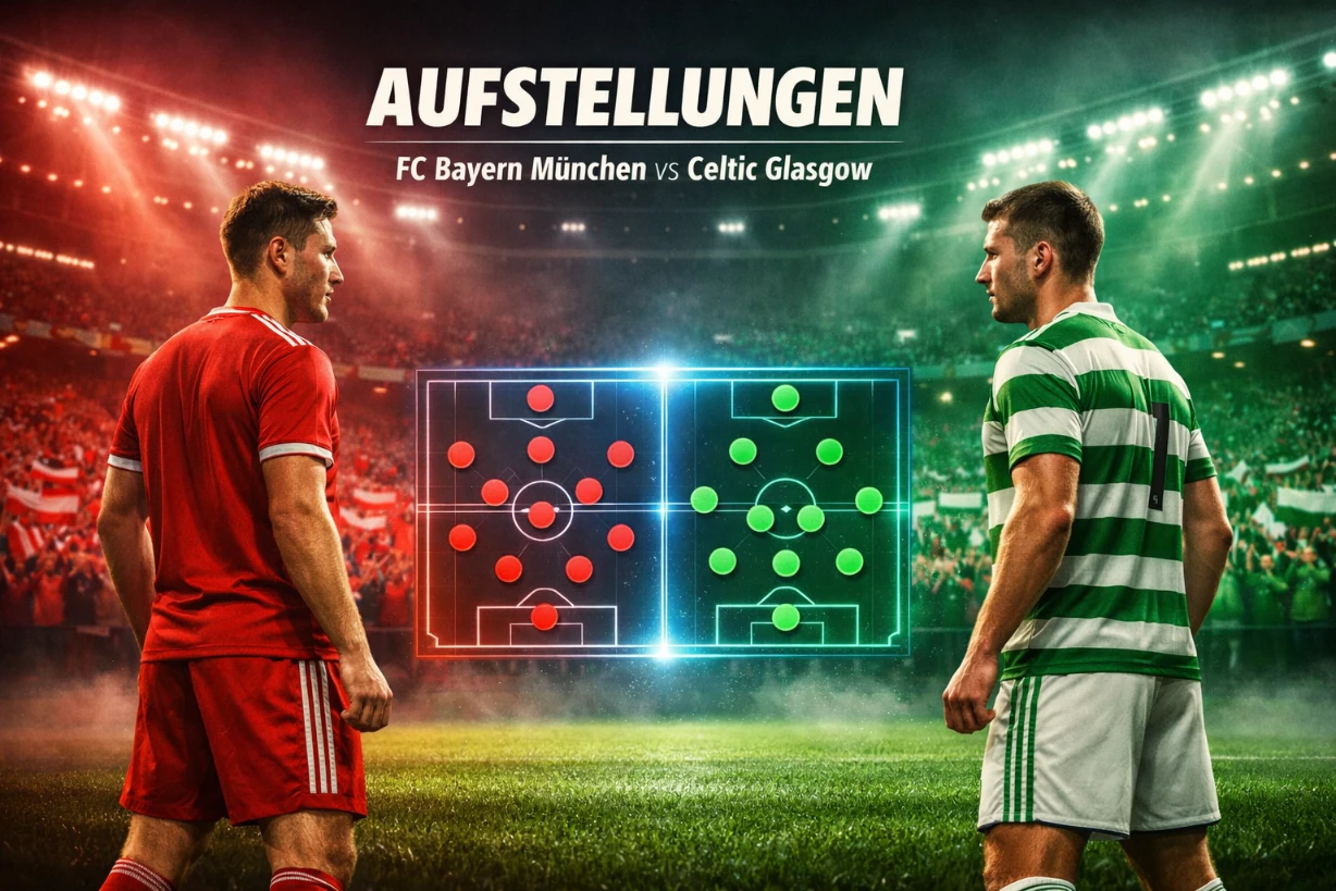 Flutlichtduell zwischen Bayern und Celtic mit Taktikgrafik im Stadion bei Nacht.