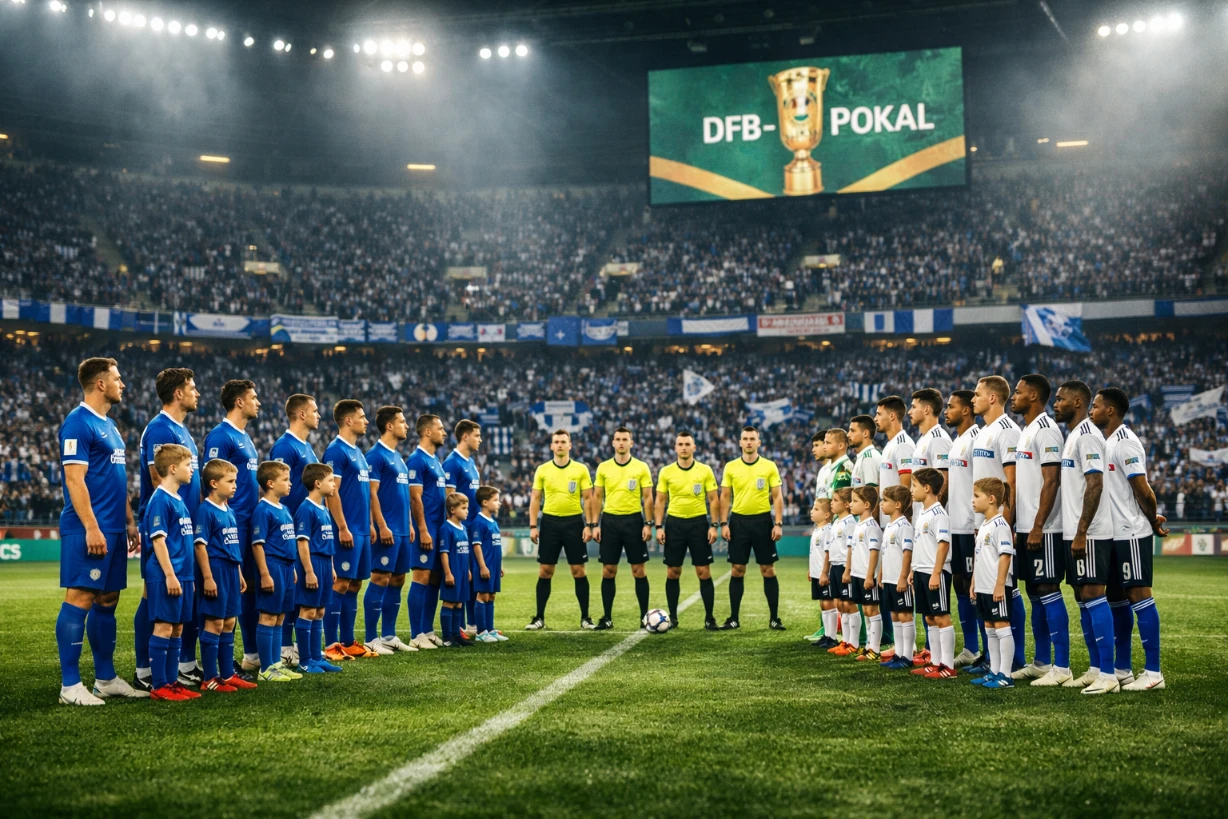 Spieler von FK Pirmasens und HSV stehen im DFB-Pokal vor Anpfiff im Stadion bereit.
