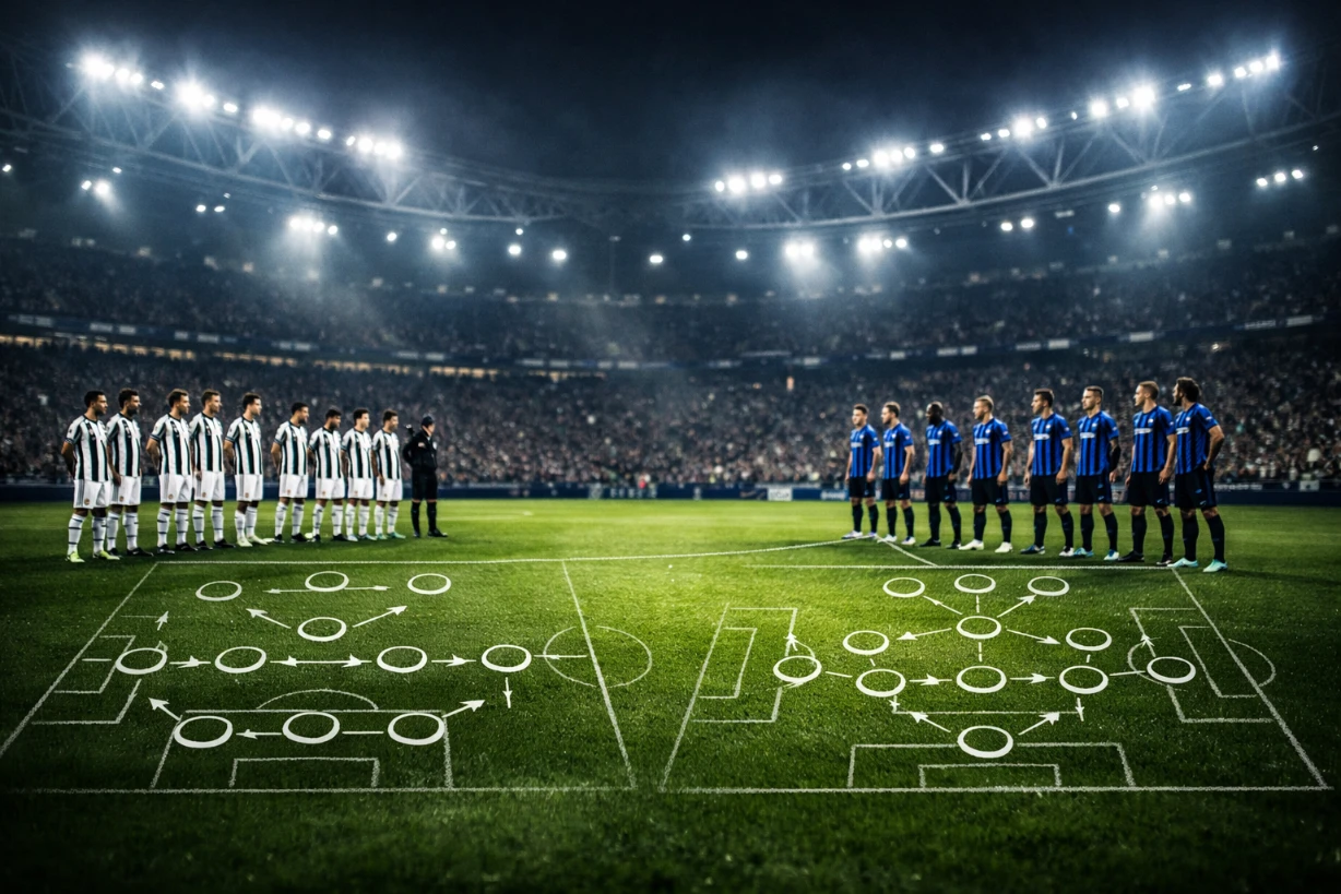 Juventus und Inter vor Anpfiff im Stadion mit eingeblendeter Taktikgrafik auf dem Rasen.