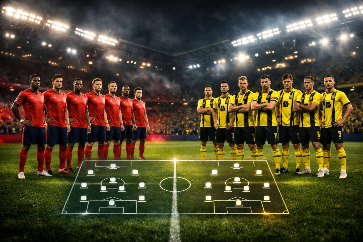 Startelf von Lille und Dortmund im Flutlichtstadion vor Anpfiff mit Taktikgrafik im Vordergrund.