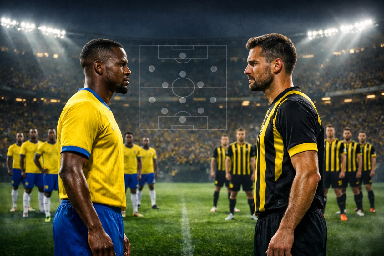 Zwei Kapitäne stehen sich im Flutlichtstadion vor dem Anpfiff entschlossen gegenüber.