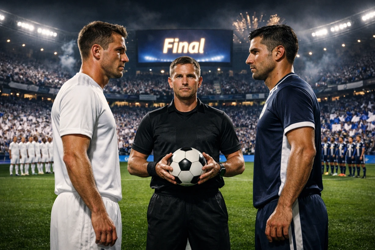 Real Madrid und Pachuca stehen sich vor dem Finale im hell erleuchteten Stadion gegenüber.