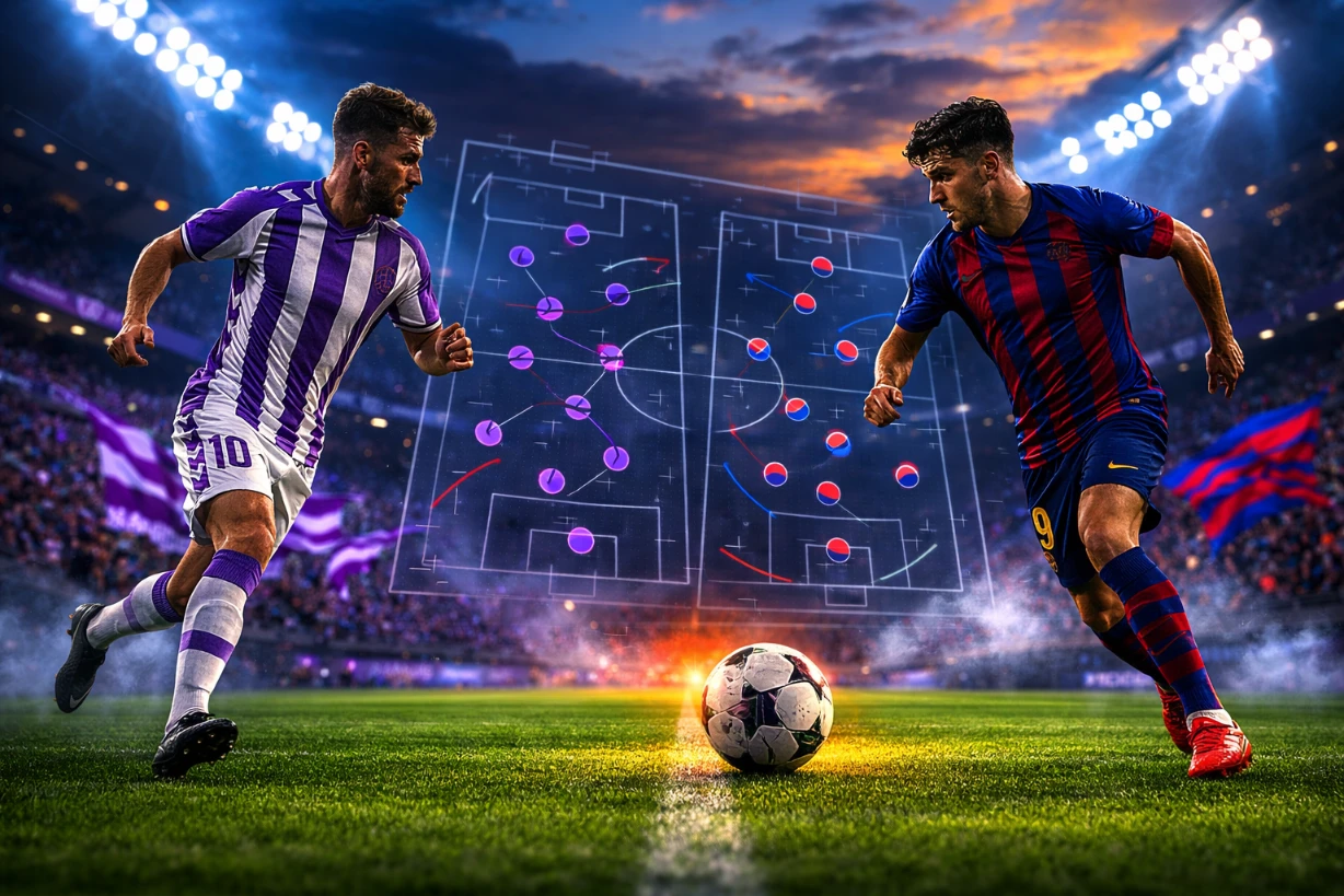 Zwei Fußballer im Stadionduell mit Taktikgrafik unter Flutlicht bei Abendstimmung.