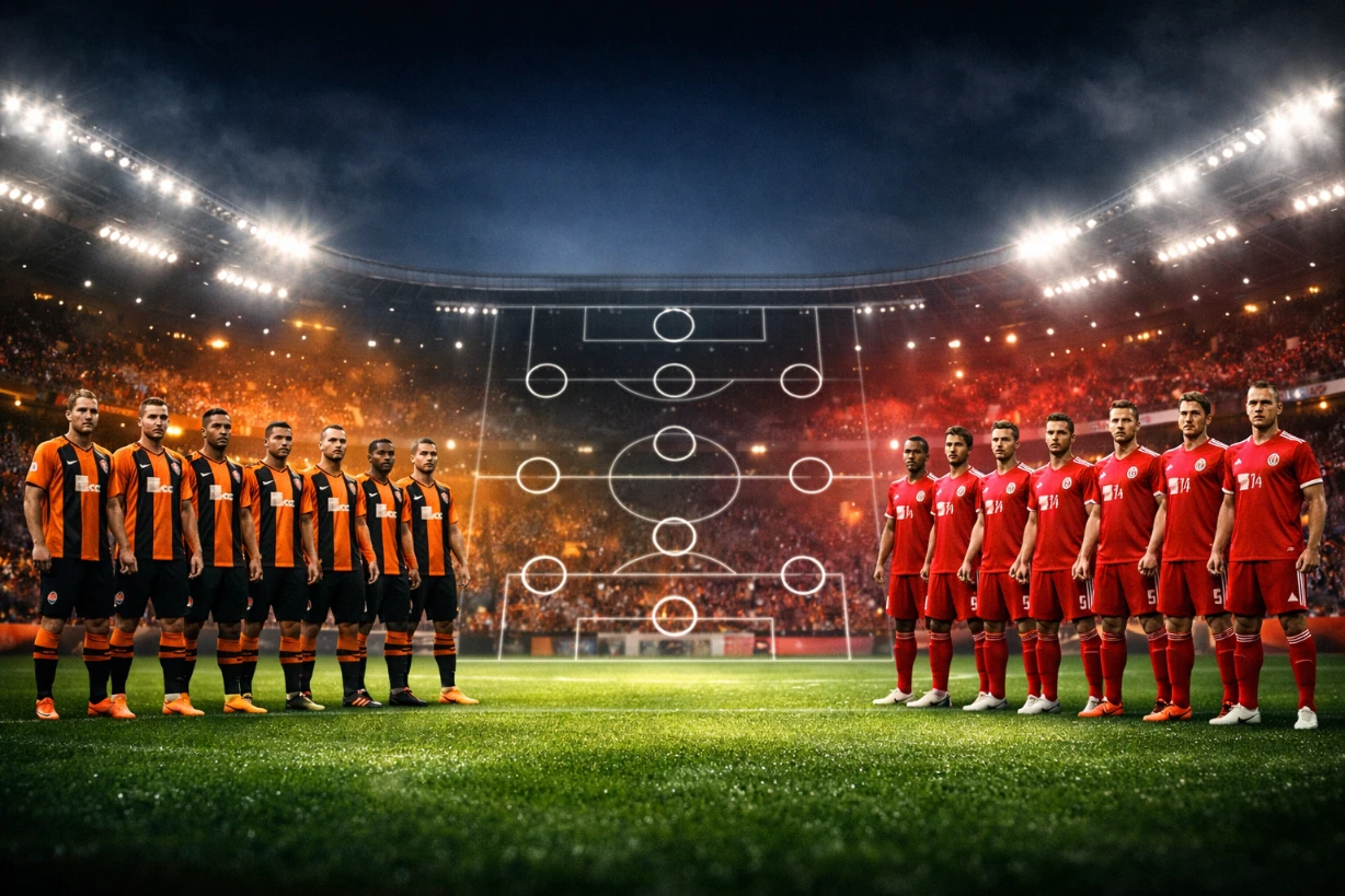 Flutlichtstadion mit Teams in Orange und Rot vor Anpfiff, taktische Aufstellung sichtbar.