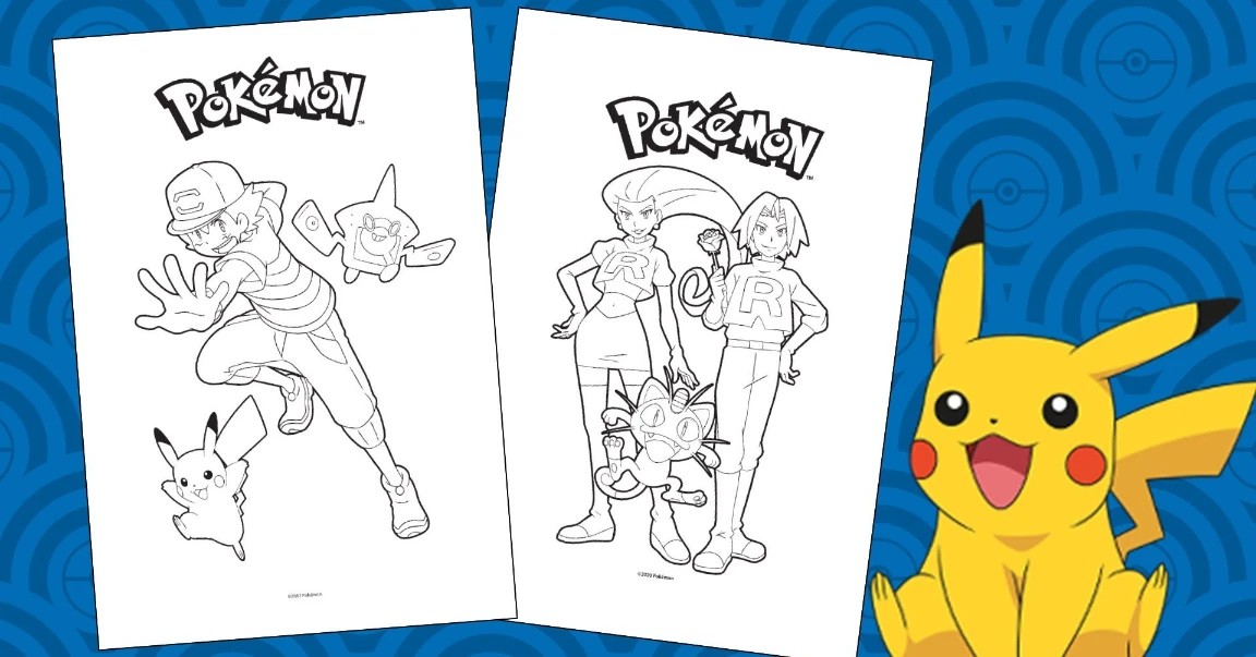 Zwei Pokémon-Ausmalbilder mit Ash, Team Rocket und Pikachu, daneben fröhliches Pikachu in Blautönen.