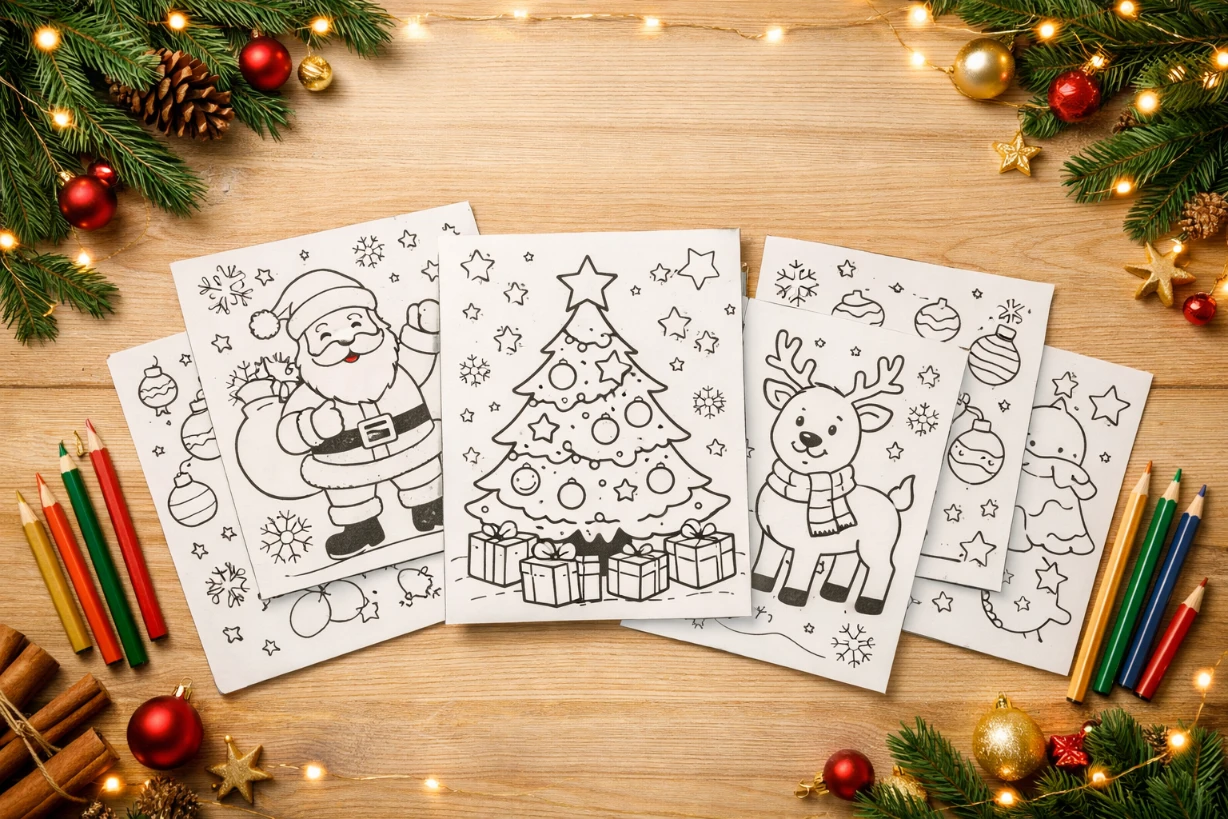 Weihnachtliche Ausmalbilder mit Tannenbaum, Santa und Rentier auf Holztisch dekoriert.