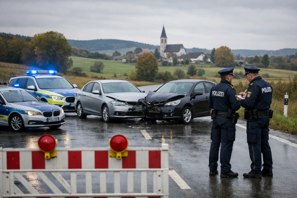 Autounfall auf Landstraße in Bayern, Polizei sichert Unfallstelle bei nasser Fahrbahn im Oktober.