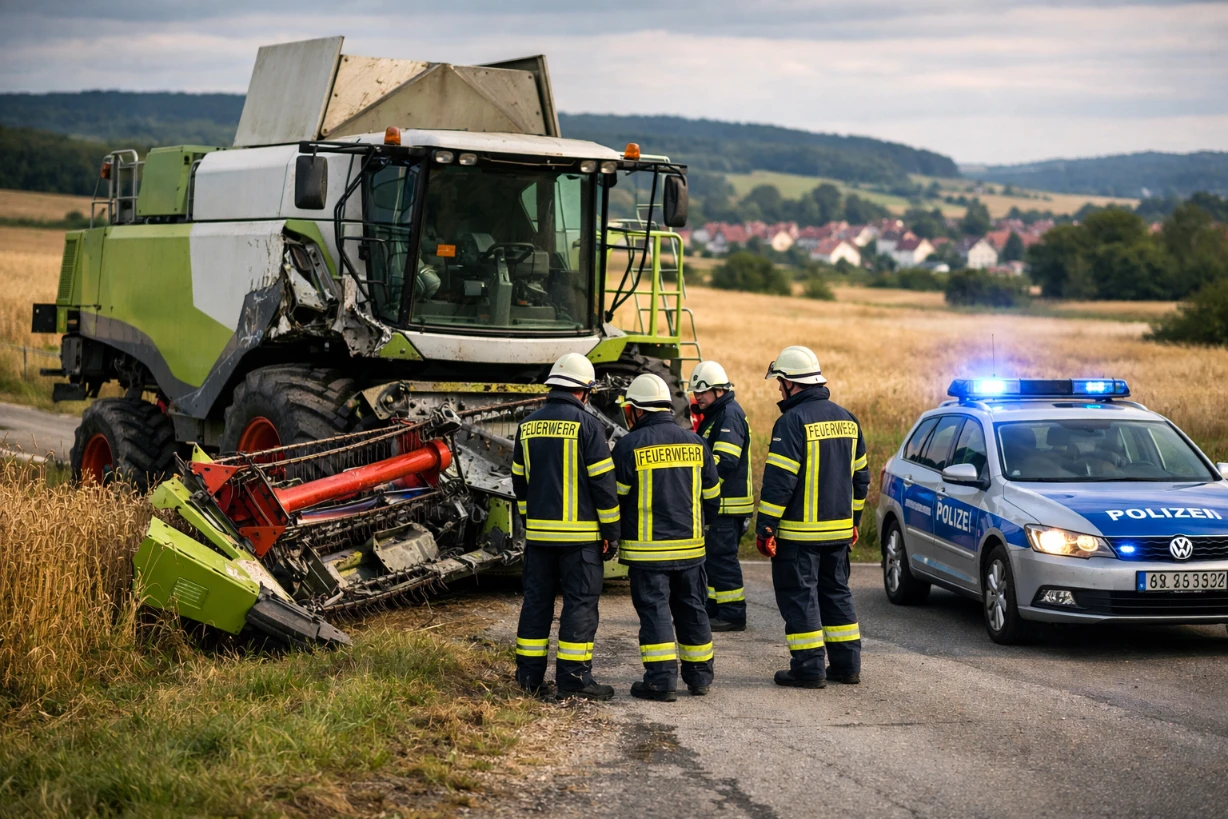 Beschädigter Mähdrescher bei Unfall nahe Bad Überkingen mit Einsatzkräften vor Ort.
