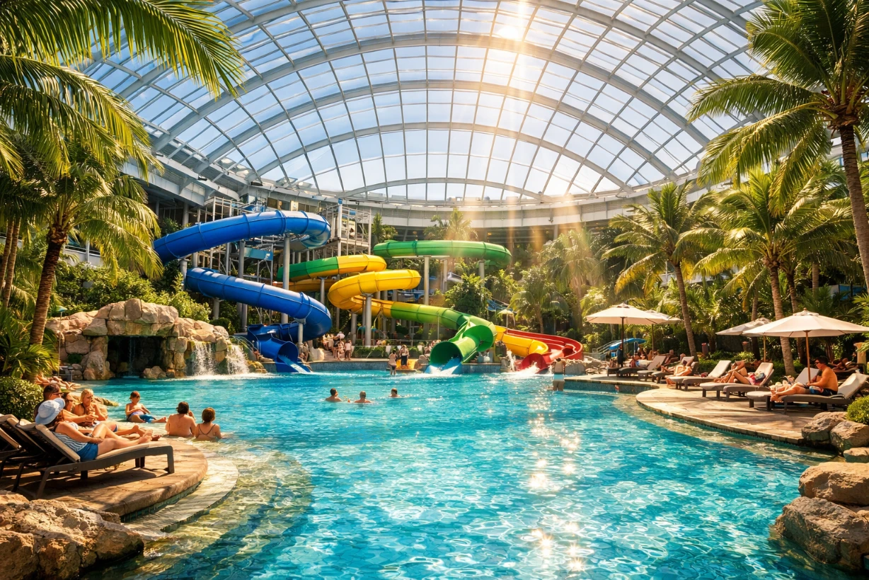 Tropisches Badeparadies mit Palmen, Rutschen und türkisblauen Pools unter Glasdach im Schwarzwald.
