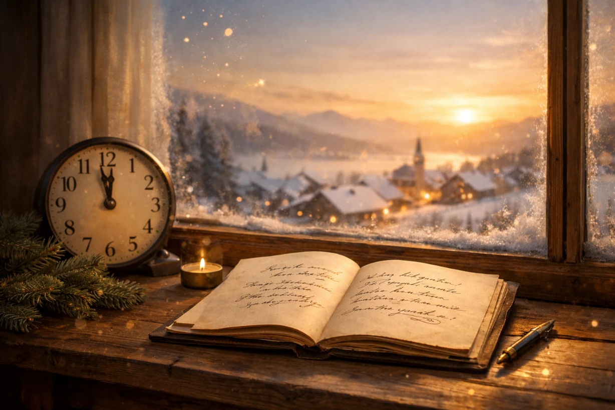 Winterlicher Neujahrsmorgen mit offenem Notizbuch, Uhr nach Mitternacht und goldenem Licht über verschneitem Dorf.