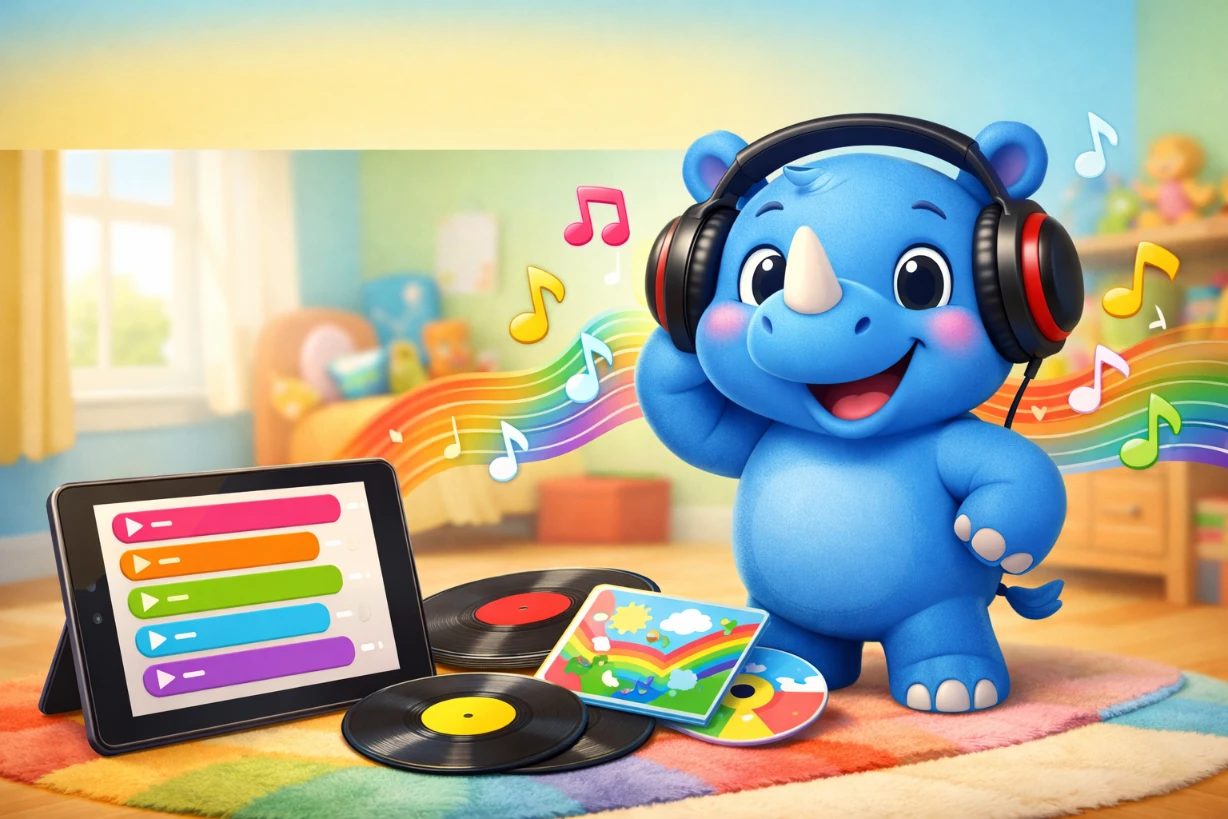 Blaues Nashorn mit Kopfhörern hört Musik im bunten Kinderzimmer neben Tablet und Schallplatten.