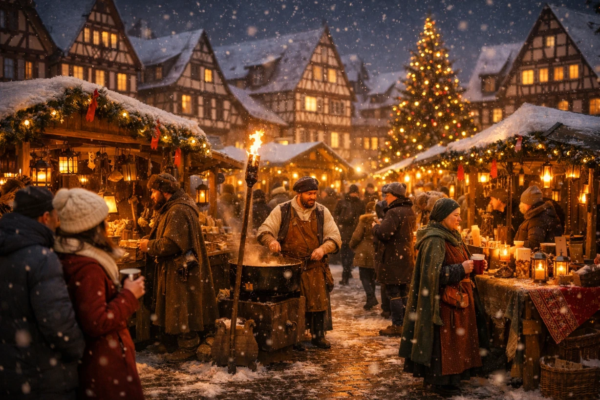 Stimmungsvoller Esslinger Weihnachtsmarkt mit Fachwerk, Lichtern und leichtem Schneefall abends.