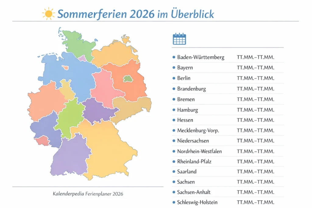 Deutschlandkarte mit Bundesländern: Sommerferien 2026 Überblick, Legende mit Platzhalterdaten