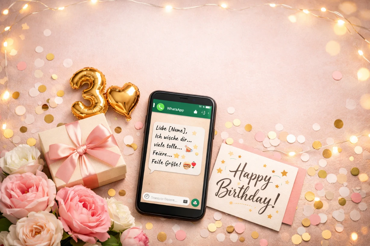 Smartphone mit WhatsApp-Geburtstagsgruß, Blumen, Geschenk und goldener Deko auf Pastellhintergrund.