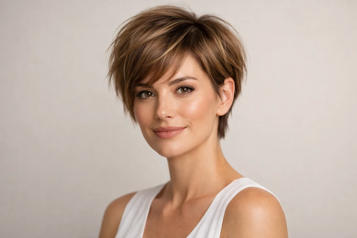 Moderne Frau mit kurzem, voluminösem Pixie-Bob und natürlichem Make-up im Studio porträtiert.