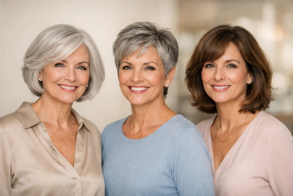 Drei stilvolle Frauen über 60 mit modernen, schmeichelnden Kurz- und Bobfrisuren lächeln selbstbewusst.