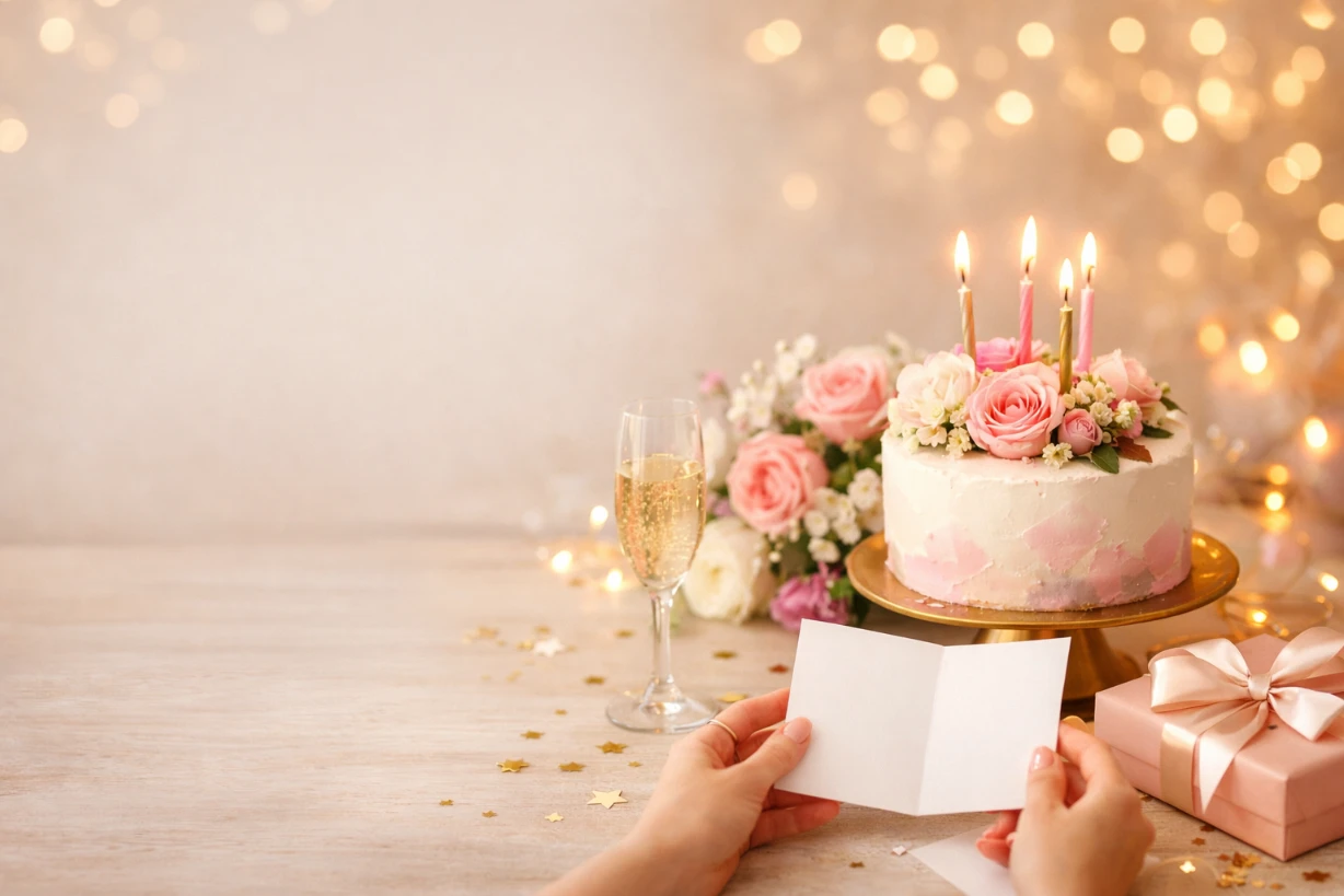 Elegante Geburtstagstorte mit Blumen, Kerzen, Geschenk und Karte in warmem Licht.