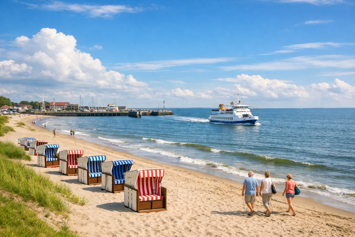 Sonniger Strand in Harlesiel mit Strandkörben, Fähre nach Wangerooge im Hintergrund.