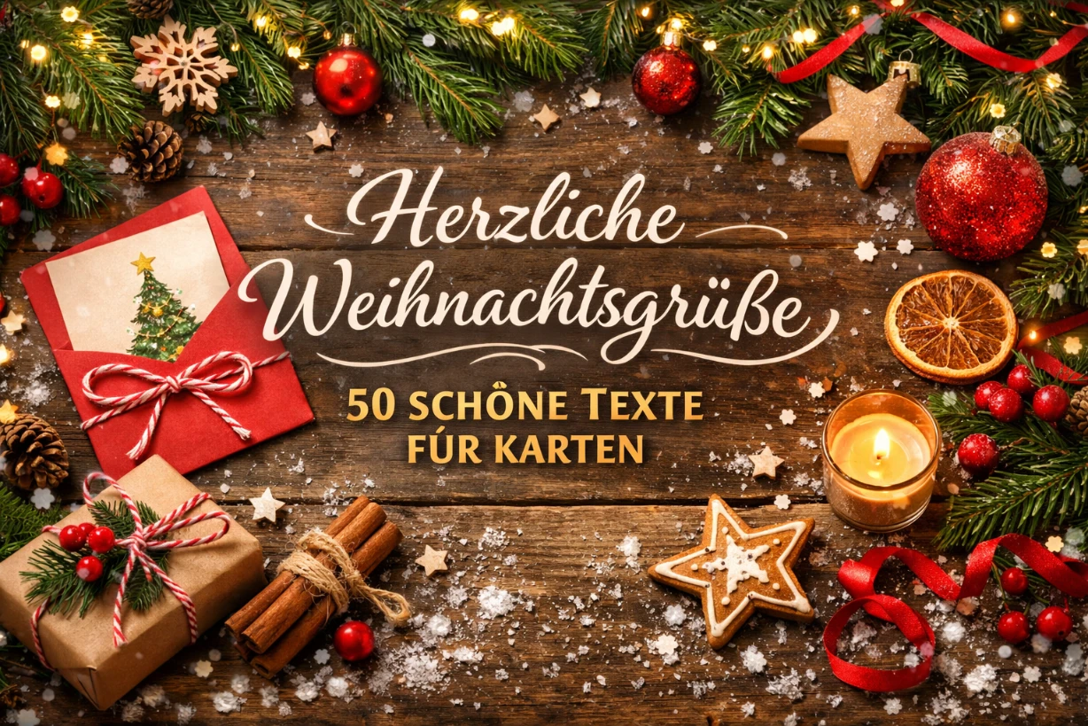 Festliche Weihnachtsdeko mit Karten, Kerze, Tannenzweigen und warmem Lichterglanz auf Holz.