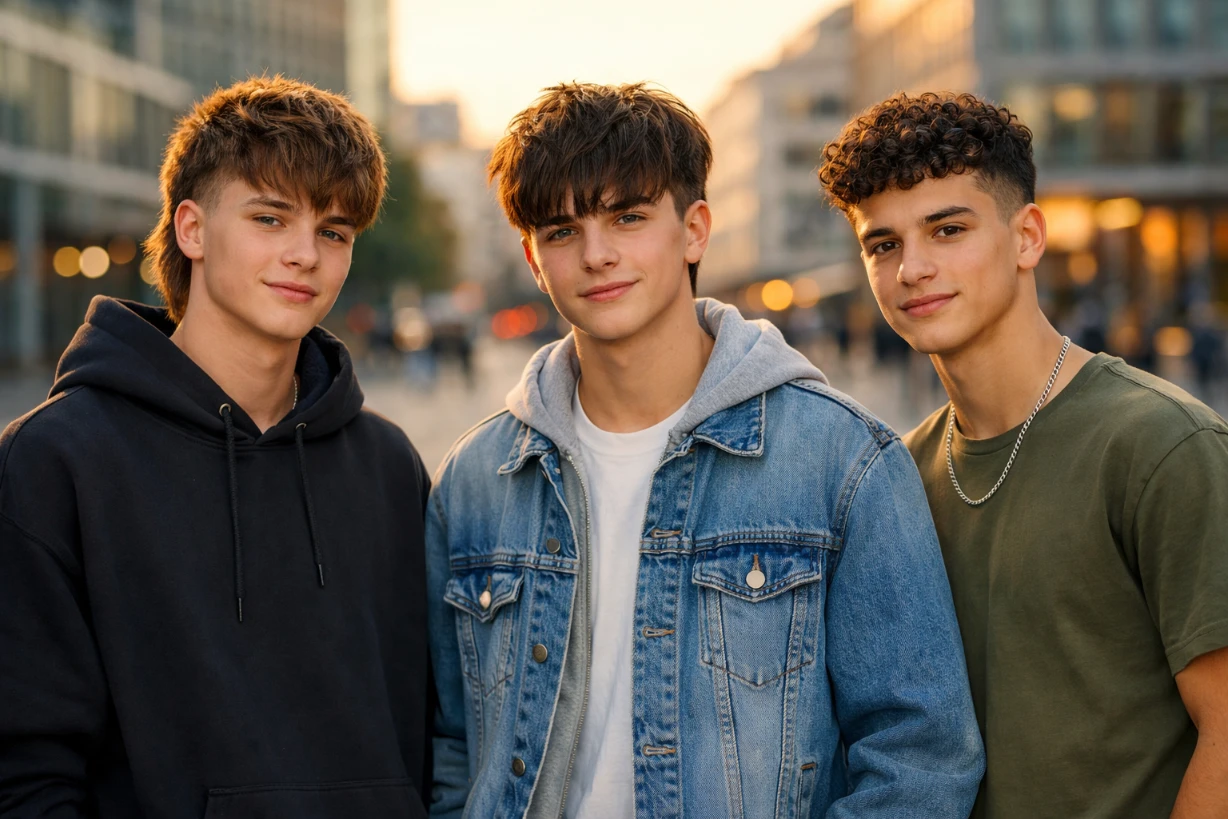 Drei stylische Teenager mit trendigen Frisuren stehen bei Sonnenuntergang in der Stadt.