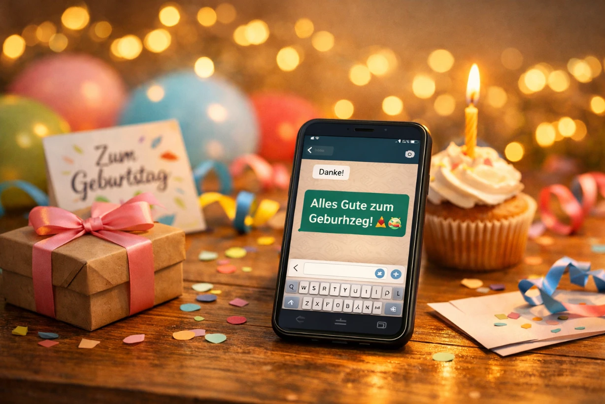 Smartphone mit Geburtstagsgruß, Geschenk und Cupcake bei warmem Lichterglanz.