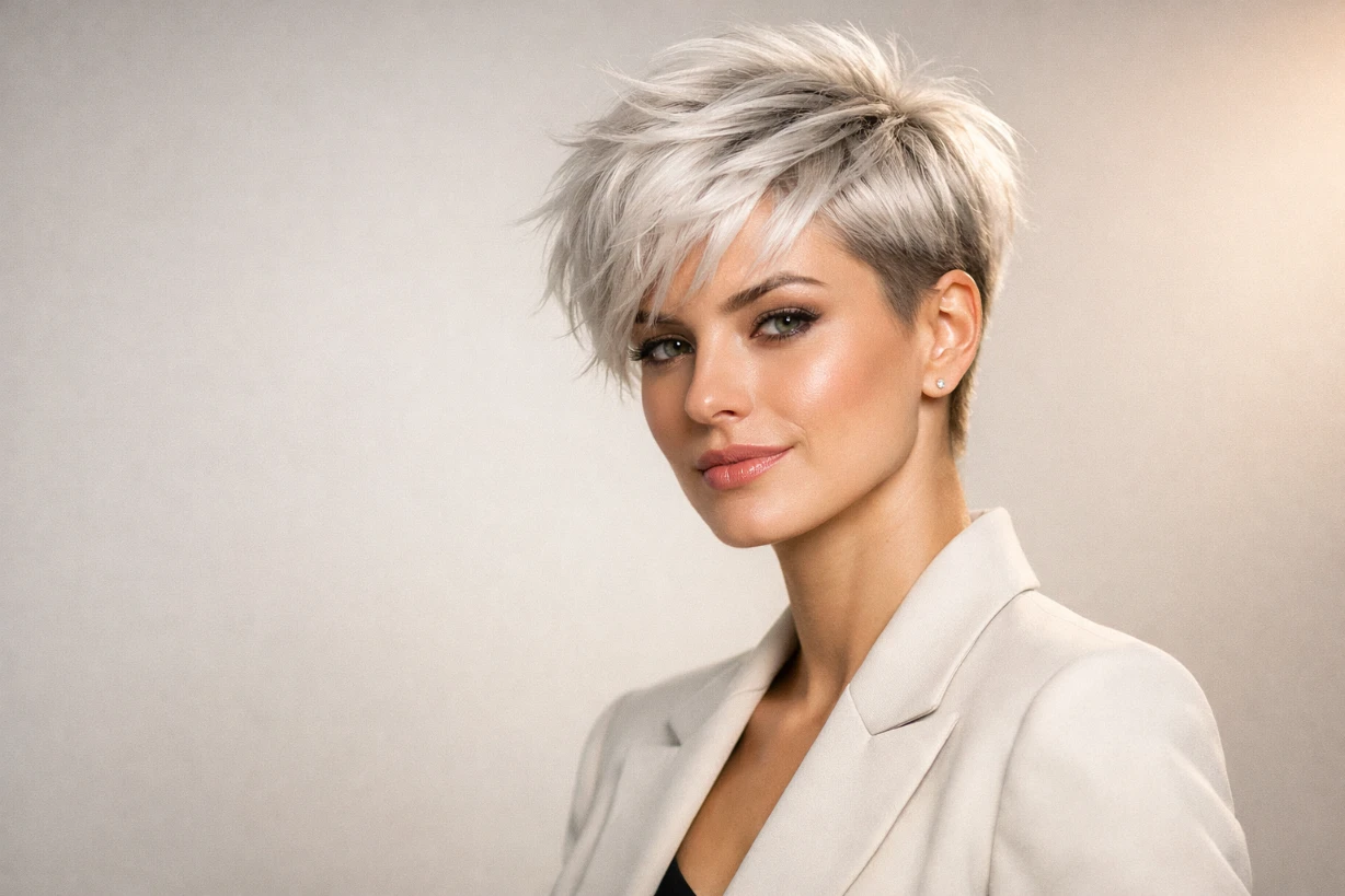 Moderne Frau mit frechem Pixie-Cut 2026 in hellem Studio, selbstbewusst und stilvoll posierend.