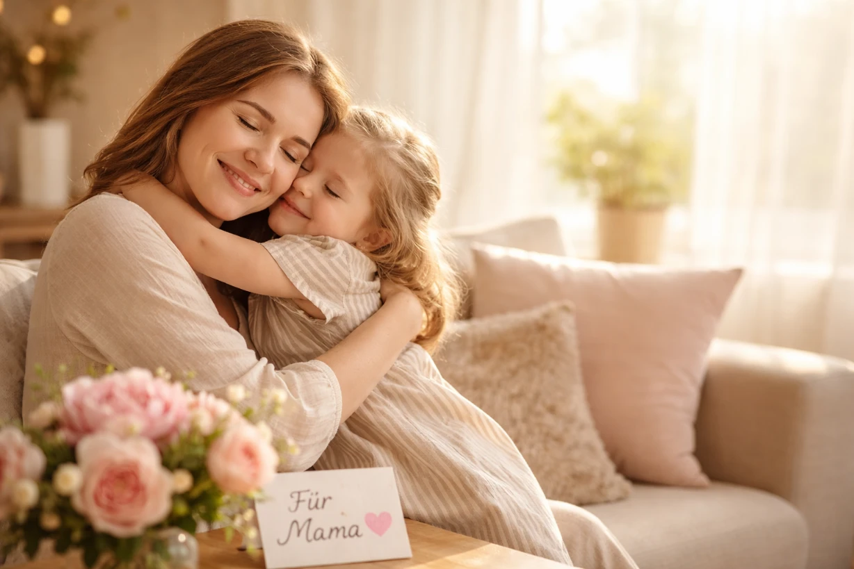 Liebevolle Mutter umarmt ihr Kind im warmen Morgenlicht, Blumen und Karte „Für Mama“ daneben.