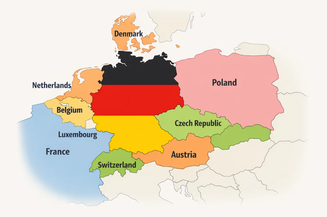 Illustrative Karte Deutschlands mit farblich markierten Nachbarländern und klar beschrifteten Grenzen.