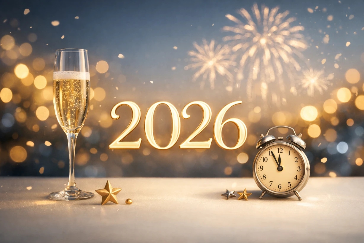Elegantes Neujahrsbild mit leuchtender 2026, Goldtönen, Sektglas, Uhr vor Mitternacht und Winterlichtern sanft.