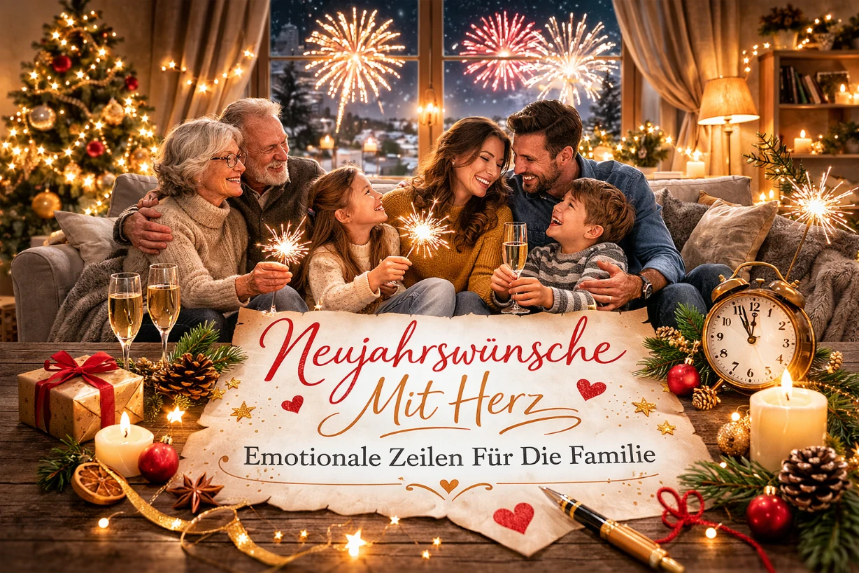Familie feiert Neujahr gemütlich bei Kerzenlicht und Feuerwerk im Hintergrund.