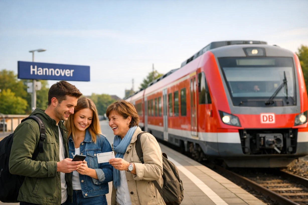 Regionalzug in Niedersachsen mit Reisenden am Bahnsteig, Ticket in der Hand bei Sonne.