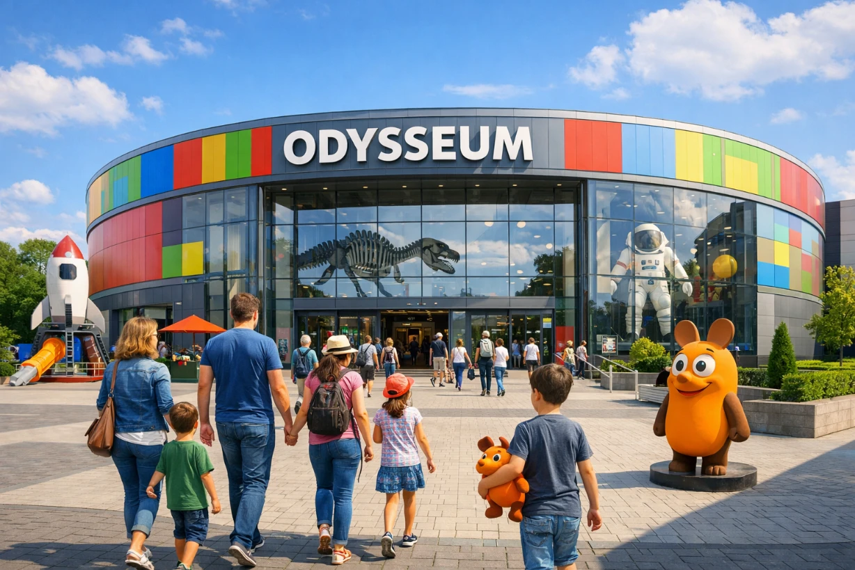 Familien vor dem Odysseum Köln bei Sonnenschein, bunte Fassade und fröhliche Kinder.