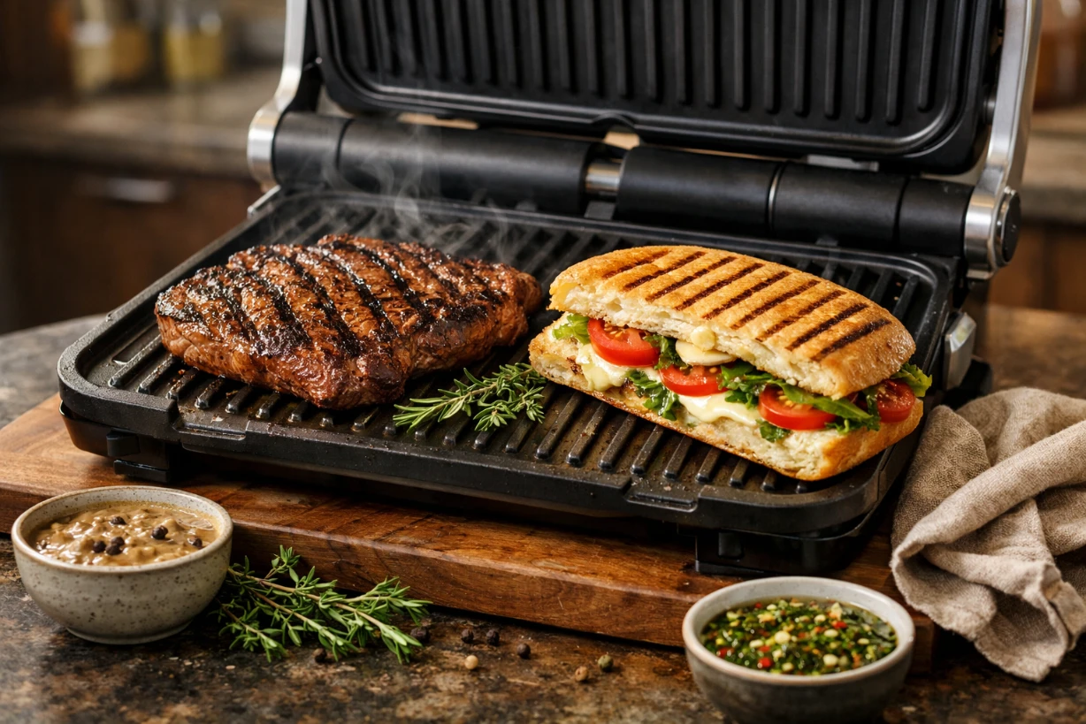 Optigrill mit saftigem Steak und knusprigem Panini in moderner Küche bei Tageslicht.
