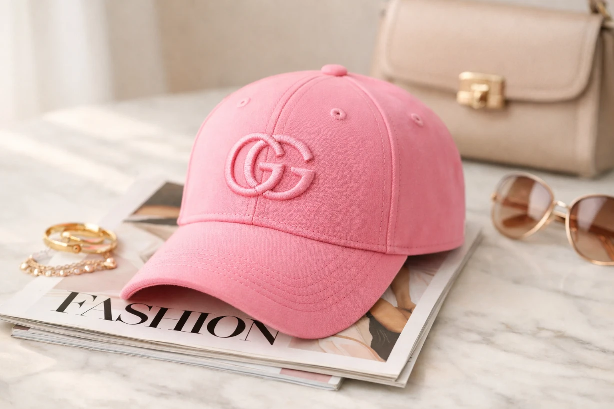 Rosa Designer-Cap auf Magazin, edel inszeniert mit Accessoires im sanften Tageslicht.