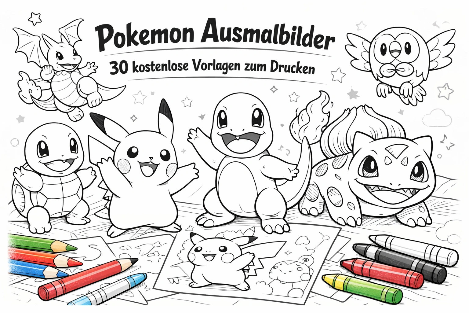 Schwarz-weiße Pokemon-Ausmalbilder mit fröhlichen Figuren, Malstiften und Titel für kostenlose Druckvorlagen.