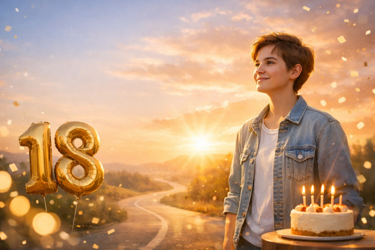 Geburtstag bei Sonnenuntergang mit goldenen Ballons, Torte und hoffnungsvollem Blick in die Zukunft.