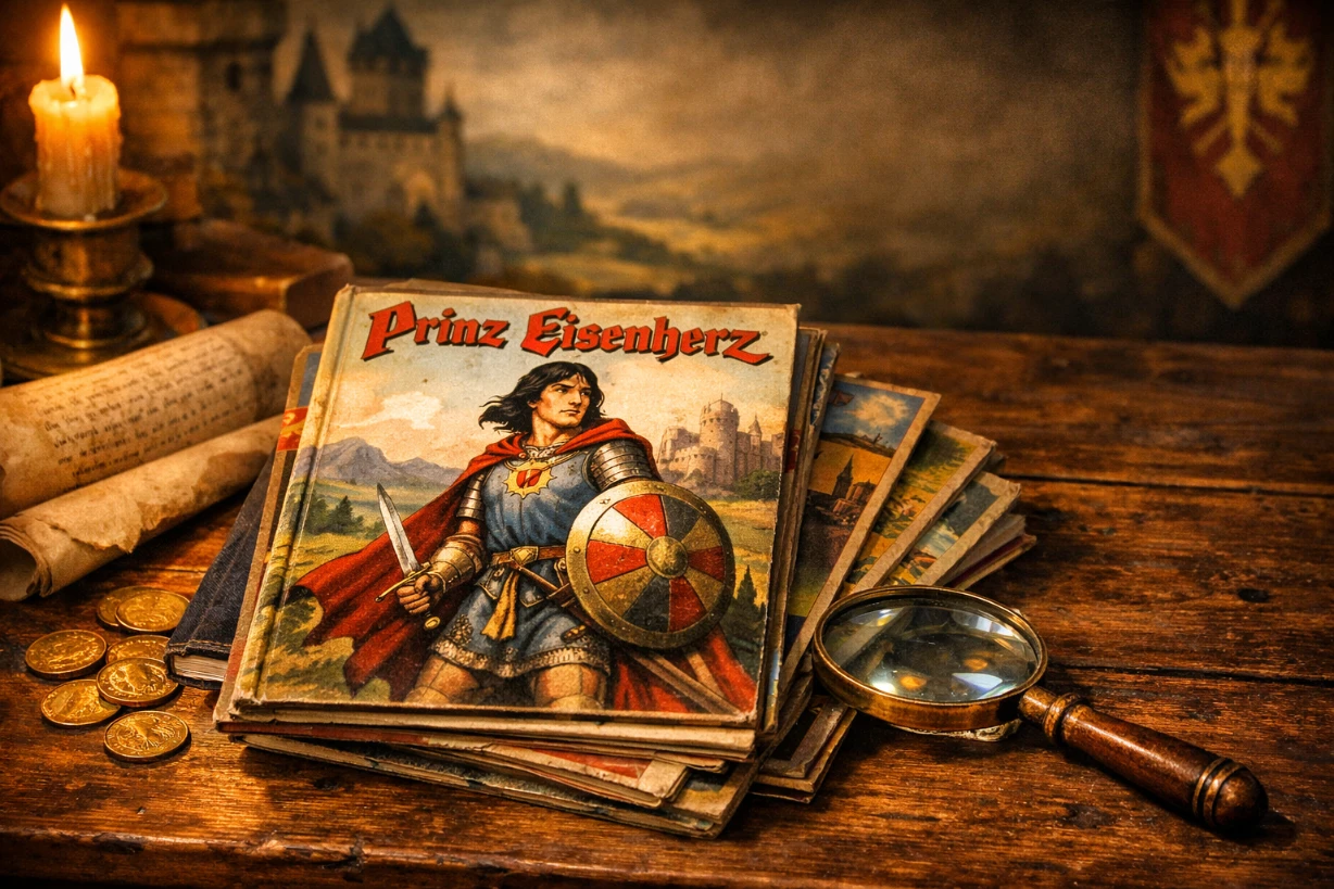 Vintage-Prinz-Eisenherz-Comics auf Holztisch mit Lupe, Münzen und Kerzenlicht in mittelalterlicher Szene.