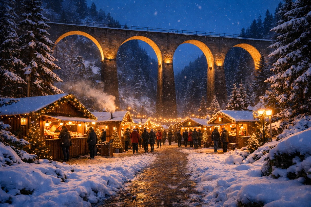 Weihnachtsmarkt in der Ravennaschlucht unter dem beleuchteten Viadukt im Winter bei Schneefall.