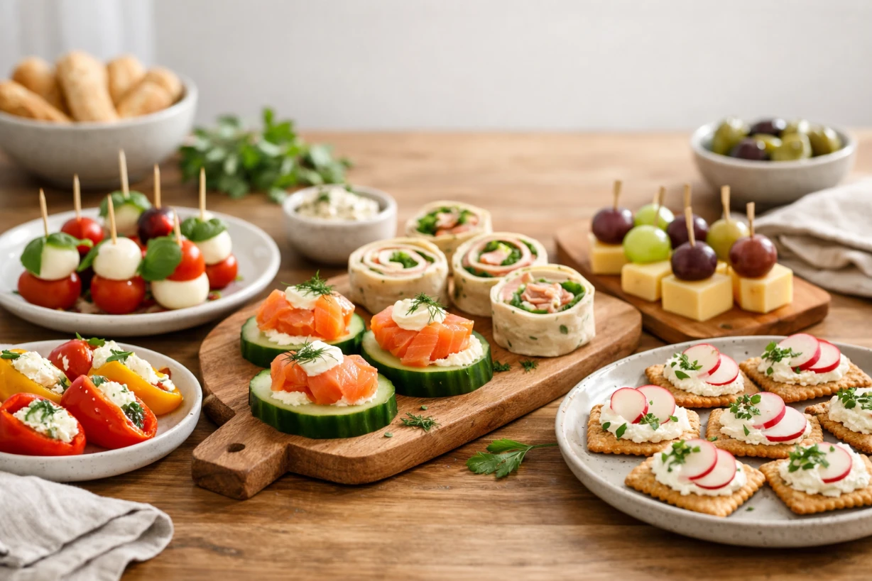 Bunte kalte Häppchen wie Caprese-Spieße, Lachs, Wraps und Käse appetitlich angerichtet.