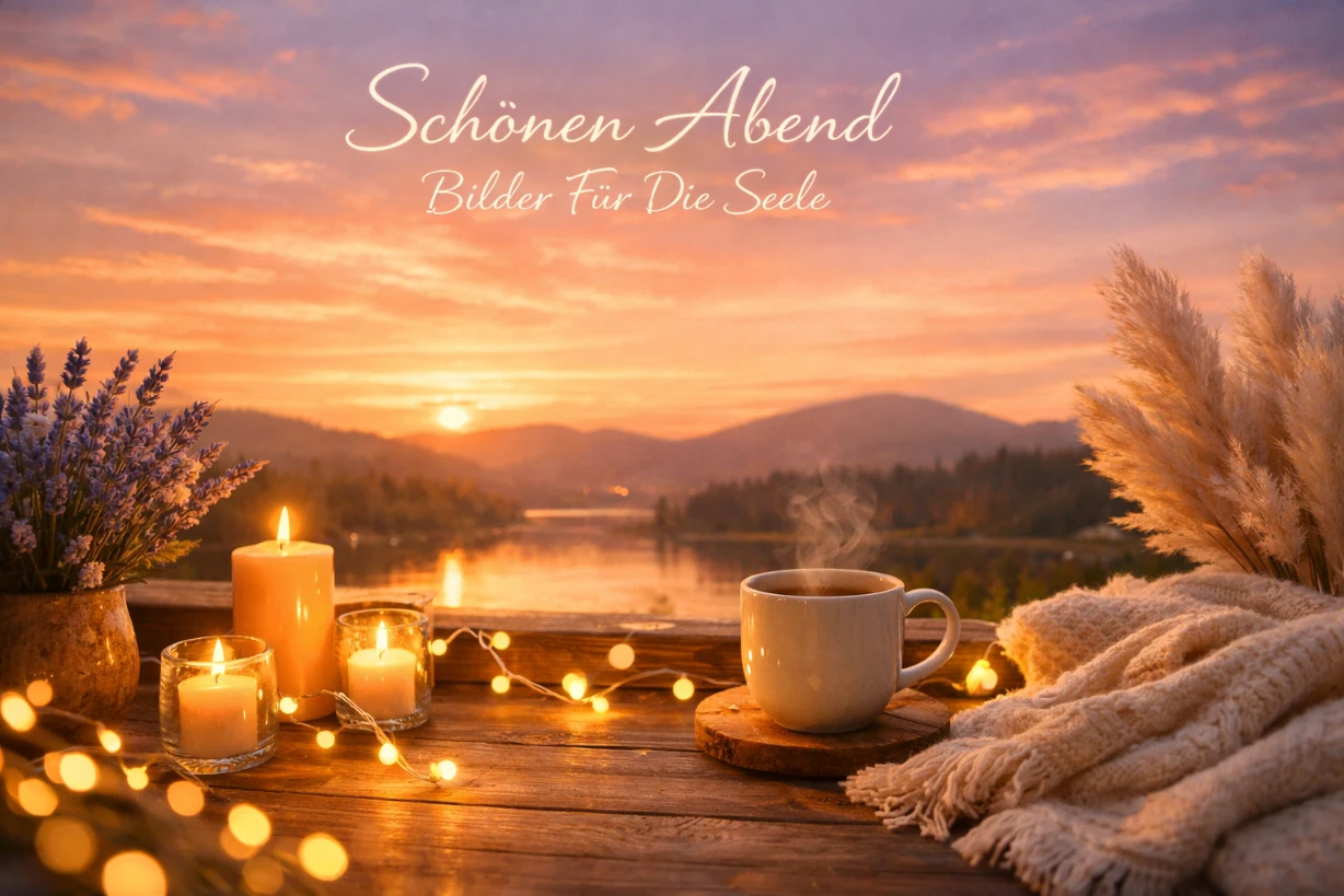 Warme Abendstimmung mit Kerzen, Tee und sanftem Sonnenuntergang über ruhigem See.