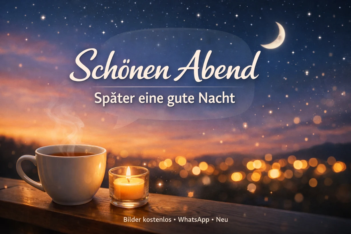Gemütlicher Abendhimmel mit Tasse Tee Kerze und Schriftzug Schönen Abend Gute Nacht im Sternenhimmel.
