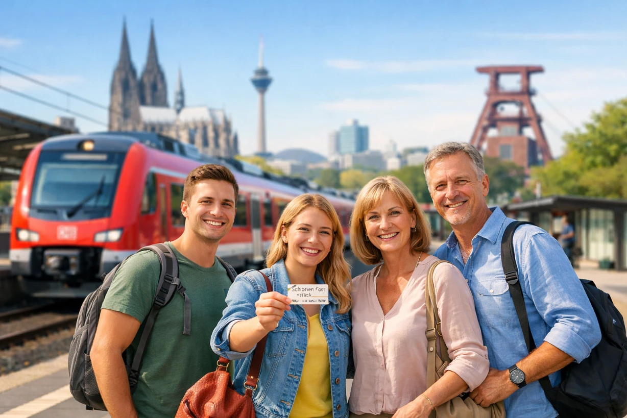 Reisegruppe am Bahnsteig in NRW vor Regionalzug bei sonnigem Himmel und Kölner Dom im Hintergrund.