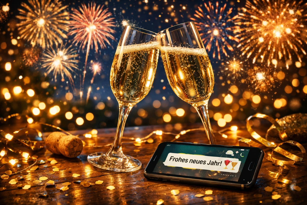 Feuerwerk am Nachthimmel, zwei Sektgläser stoßen an, Smartphone mit Neujahrsgruß geöffnet.