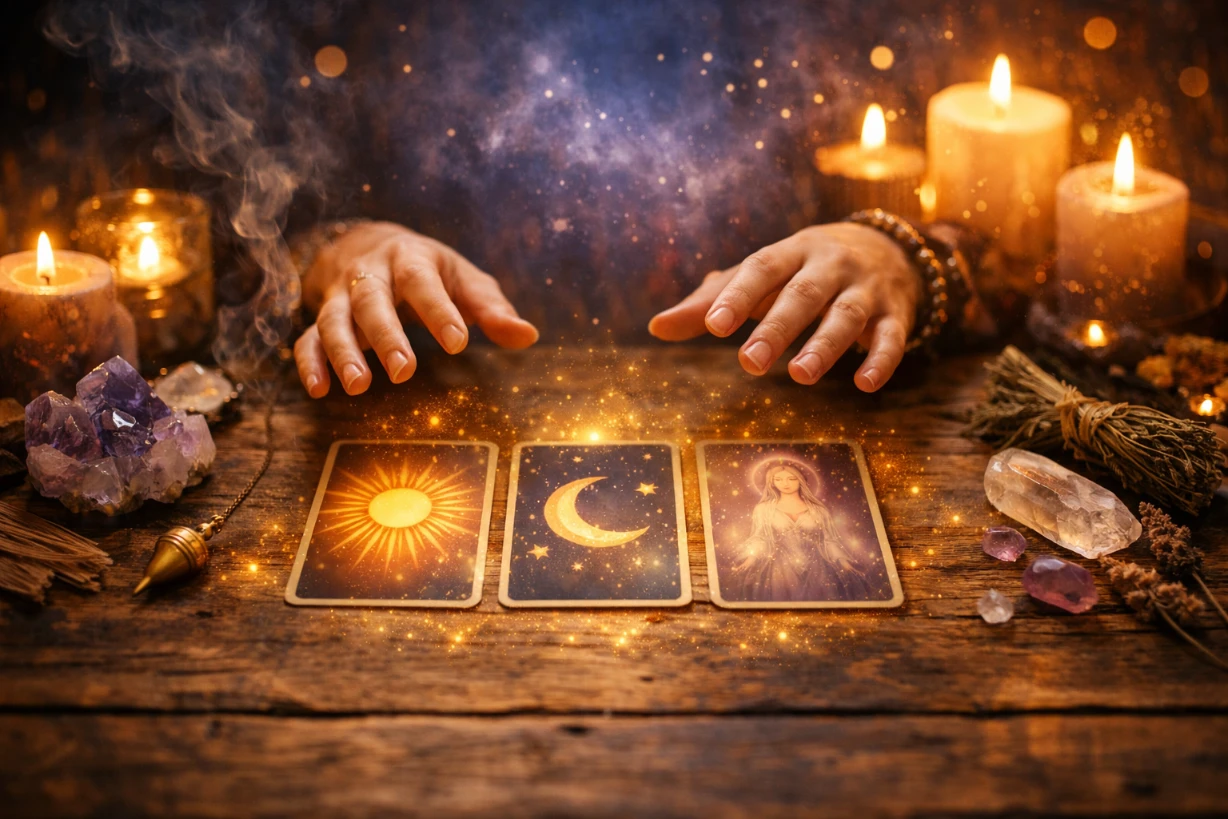 Mystische Tarotkarten auf Holztisch mit Kerzenlicht, Kristallen und schwebenden Händen.