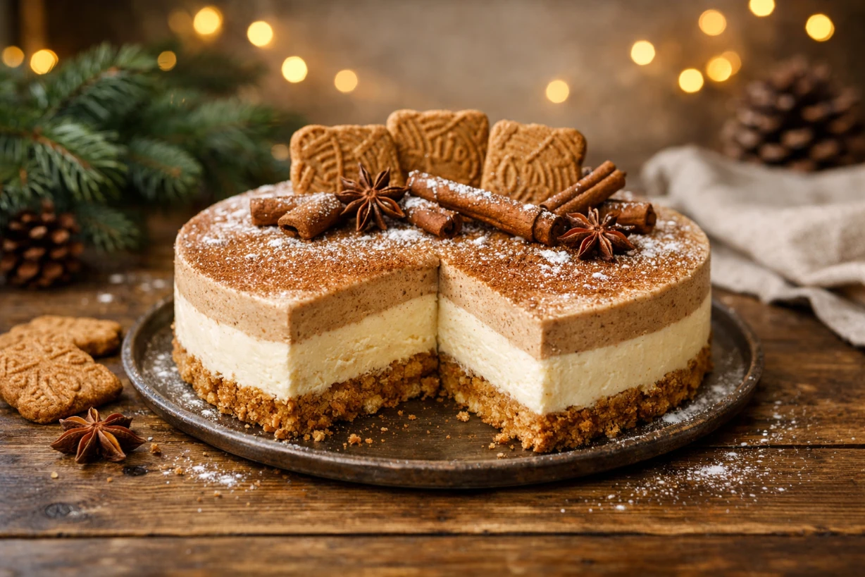 Saftige Spekulatius-Torte ohne Backen mit cremiger Füllung und winterlicher Dekoration.